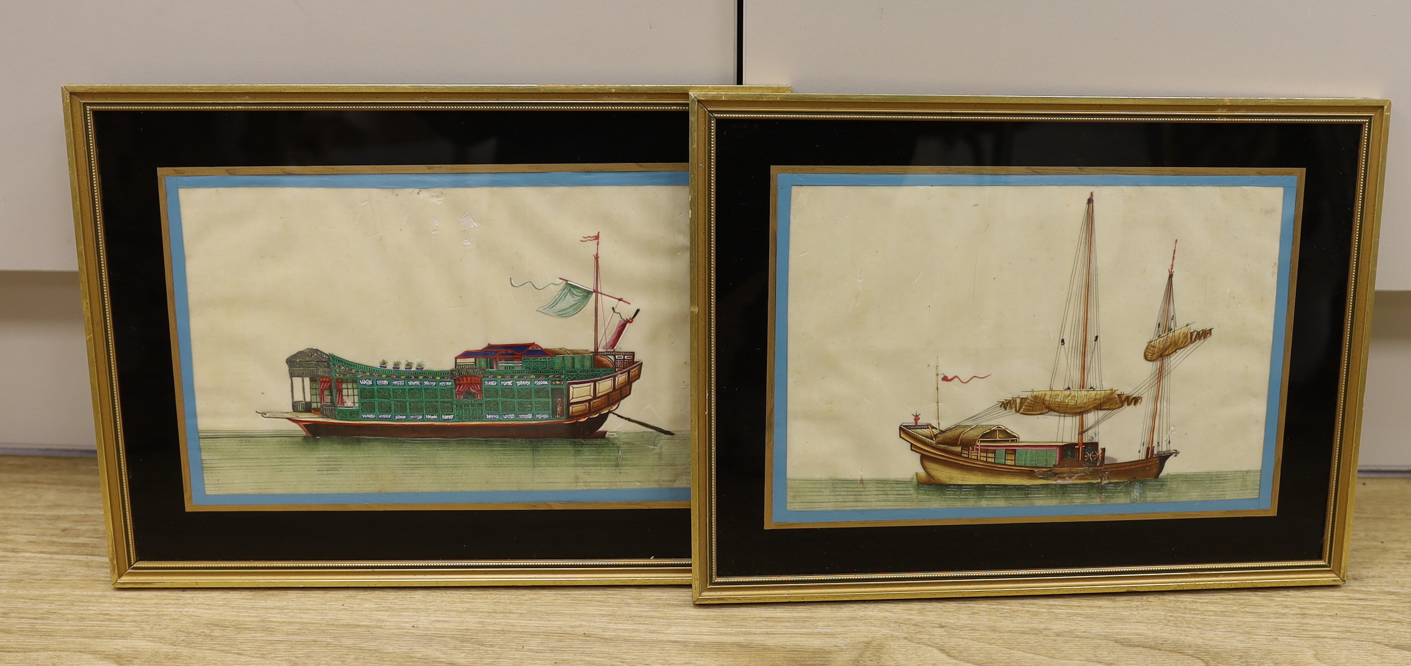 19th century Chinese school, pair of pith paper paintings, Junks, each 17.5 x 27cm